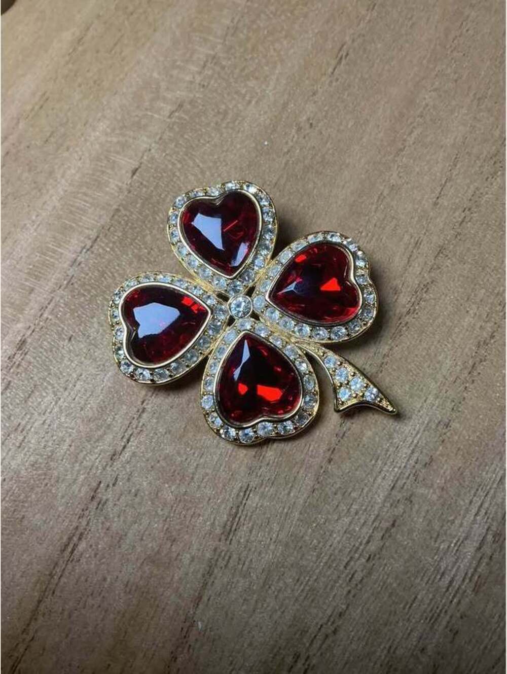 KJL Kenneth Jay Lane Red Crystal Four-Leaf Clover Brooch